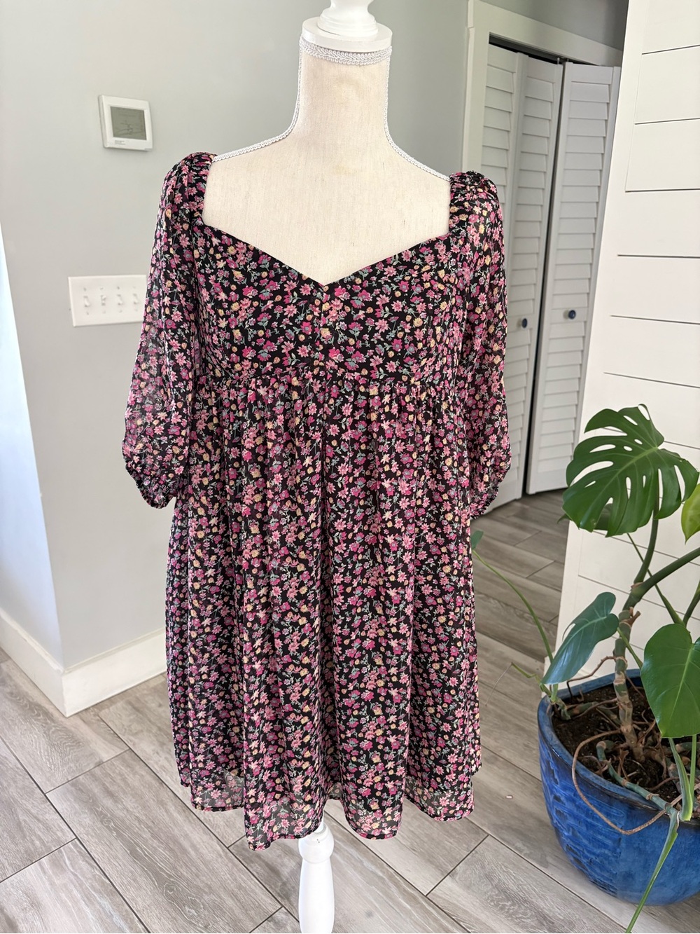 Wayf Floral Empire Waist Mini Dress in Black and Pink size medium